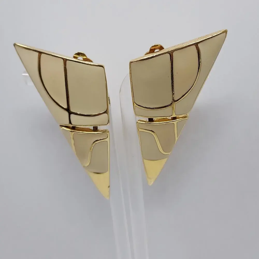 Vintage Trifari Enamel Earrings Modern Articulated 1980s Clip Cream Signed 2.5